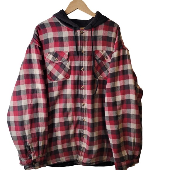 Wrangler Red Black White Plaid Flannel Quilted Lined Hooded Shirt Jacket Men 3XL - Picture 11 of 16